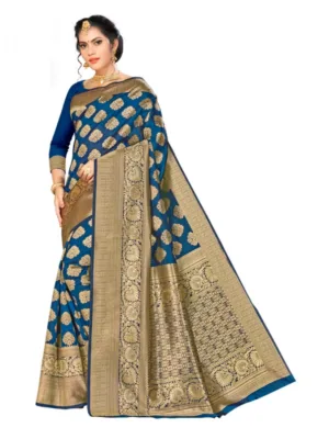 Generic Women's Banarasi silk Saree with Blouse (Navy blue, 5-6mtr)