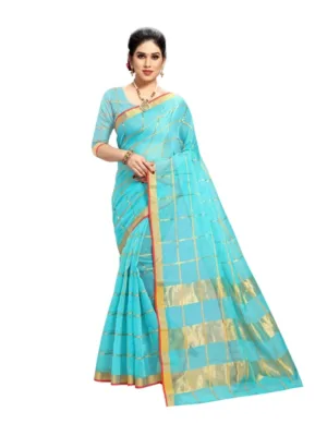 Generic Women's Kota Doria Cotton Saree With Blouse (Sky Blue,6-3 Mtrs)