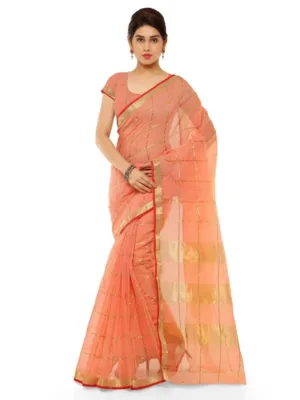 Generic Women's Kota Doria Cotton Saree With Blouse (Peach,6-3 Mtrs)