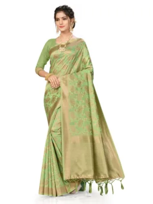 Generic Women's Banarasi (Spun Cotton) Saree (Pista Green,5-6 Mtrs)