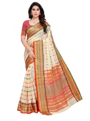 Generic Women's Kota Doria Cotton Woven Butta Saree With Blouse (Cream, 5-6 Mtrs)