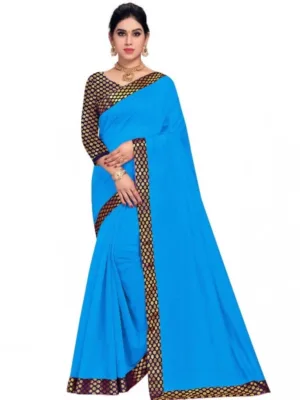 Generic Women's Chanderi Cotton Lace Border Saree With Blouse (Sky Blue, 5-6 Mtrs)