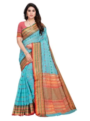 Generic Women's Kota Doria Cotton Woven Butta Saree With Blouse (Sky Blue, 5-6 Mtrs)