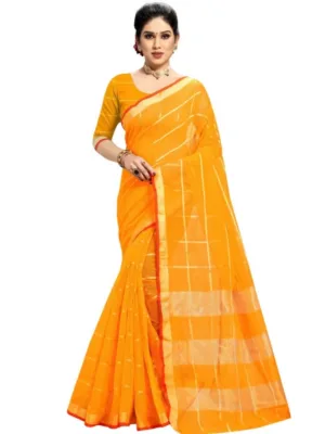 Generic Women's Kota Doria Cotton Checked Saree With Blouse (Yellow, 5-6 Mtrs)
