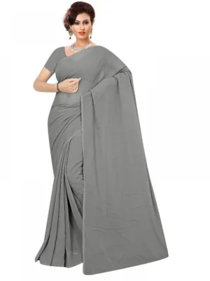 Generic Women's Georgette Plain Saree With Blouse (Grey, 5-6 Mtrs)