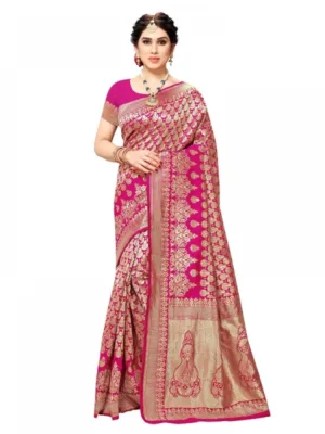 Generic Women's Jacquard Silk Kanjivaram Jacquard Silk Saree With Blouse (Pink, 5-6 Mtrs)