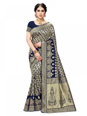 Generic Women's Jacquard Silk Kanjivaram Jacquard Silk Saree With Blouse (Navy Blue, 5-6 Mtrs)