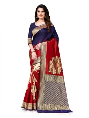 Generic Women's Banarasi Silk Saree With Blouse (Navy Blue, Red, 5-6Mtrs)
