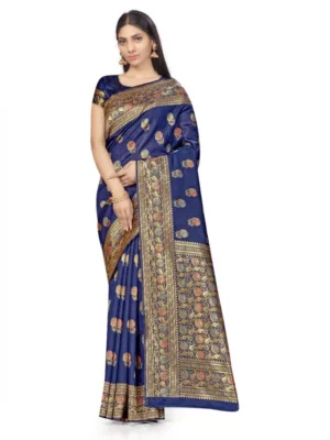 Generic Women's Banarasi Silk Saree With Blouse (Navy Blue, 5-6Mtrs)