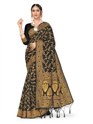 Generic Women's Banarasi Silk Saree With Blouse (Black, 5-6Mtrs)