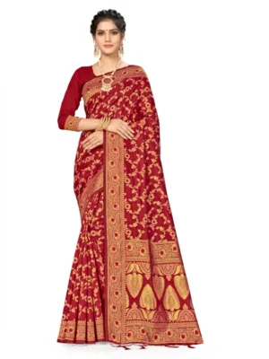 Generic Women's Banarasi Silk Saree With Blouse (Maroon, 5-6Mtrs)