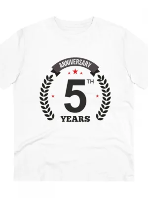 Generic Men's PC Cotton 5th Anniversary Printed T Shirt (Color: White, Thread Count: 180GSM)