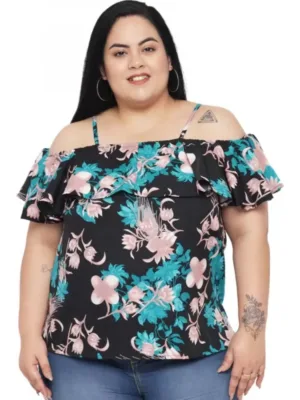 Generic Women's Casual Floral Print Black Top (Color:Black, Material:Polyester)