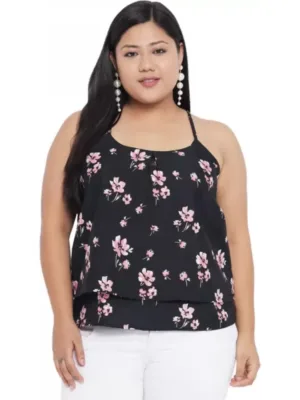 Generic Women's Casual Floral Print Black Top (Color:Black, Material:Polyester)