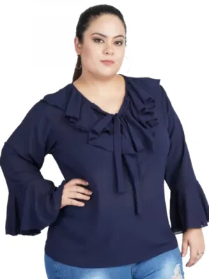 Generic Women's Casual Bell Sleeve Solid Blue Top (Color:Blue, Material:Georgette)