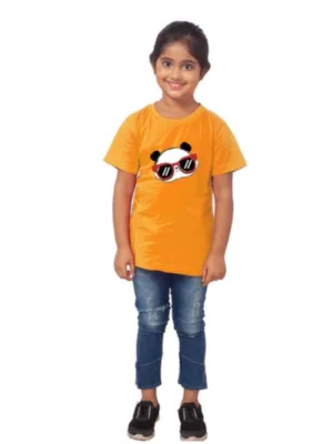 Generic Girls Cotton Panda Glass Half Sleeve TShirt (Mustard)
