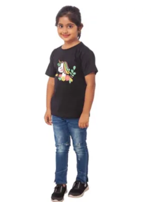 Generic Girls Cotton Unicorn Face Half Sleeve TShirt (Black)