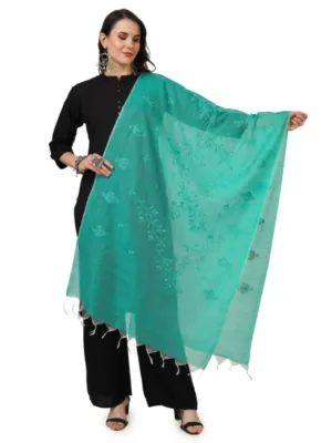 Generic Women's Cotton Embroidered Dupatta (Turquoise, Length: 2.25 to 2.50 Mtr)
