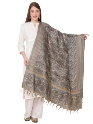 Generic Women's Art Silk Printed Dupatta (Grey, Length: 2.25 to 2.50 Mtr)