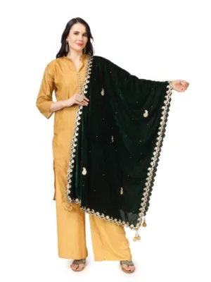 Generic Women's Velvet Gotta Patti Dupatta (Green, Length: 2.25 to 2.50 Mtr)