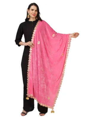 Generic Women's Velvet Gotta Patti Dupatta (Pink, Length: 2.25 to 2.50 Mtr)