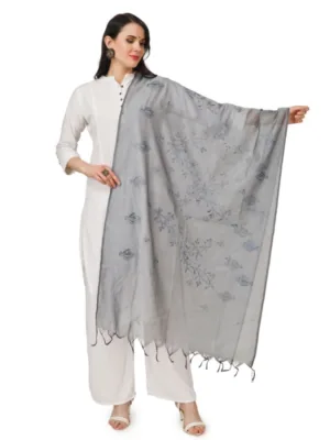 Generic Women's Cotton Embroidered Dupatta (Grey, Length: 2.25 to 2.50 Mtr)