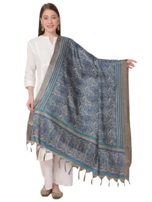 Generic Women's Art Silk Printed Dupatta (Blue, Length: 2.25 to 2.50 Mtr)