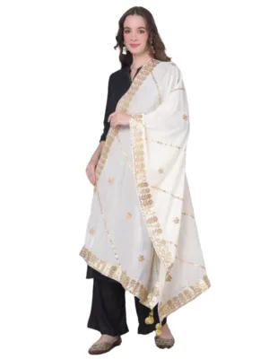 Generic Women's Velvet Gotta Patti Dupatta (White, Length: 2.25 to 2.50 Mtr)