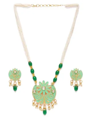 Generic Women's Rose Gold Plated Alloy Necklace & Earings Set (Green)