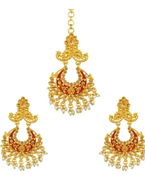 Generic Women's Rose Gold Plated Alloy Kundan Earrings & Mangtikka (Maroon)