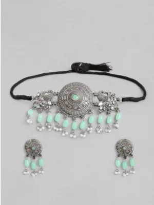 Generic Women's Rose Gold Plated Alloy Necklace & Earings Set (Light Green)