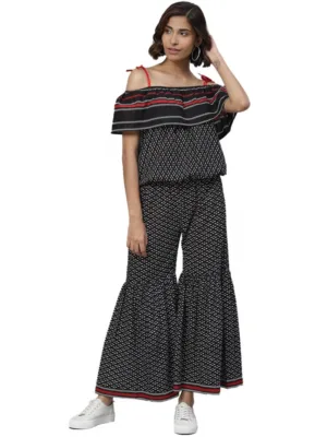 Generic Women's Casual shoulder sleeve Geomatrical Printed Cotton Dress (Black)