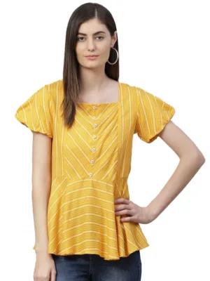 Generic Women's Casual Short Sleeves Stripe Printed Rayon Top (Mustard)