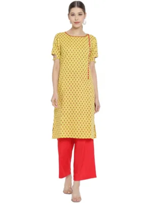 Generic Women's Casual Short Sleeves Floral Printed Cotton & Rayon Kurti Palazzo Set (Yellow & Red)