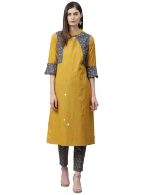 Generic Women's Casual Bell Sleeves Geomatrical Printed Cotton Kurti Set (Yellow)