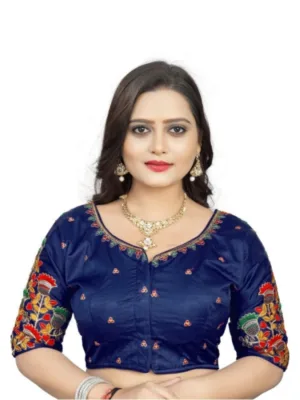 Generic Women's Malai Silk Floral Readymade Blouse (Navy Blue, Size: Free Size)