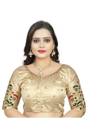 Generic Women's Malai Silk Floral Readymade Blouse (Cream, Size: Free Size)