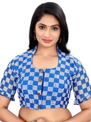 Generic Women's Cotton Blend Checks Readymade Blouse (Blue, Size: Free Size)