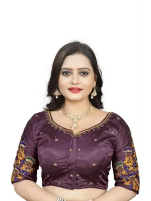 Generic Women's Malai Silk Floral Readymade Blouse (Purple, Size: Free Size)
