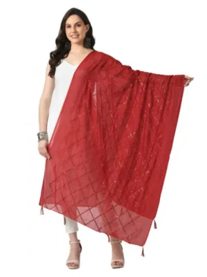 Generic Women's Chanderi Self Design Dupatta (Maroon, Length: Free Size)