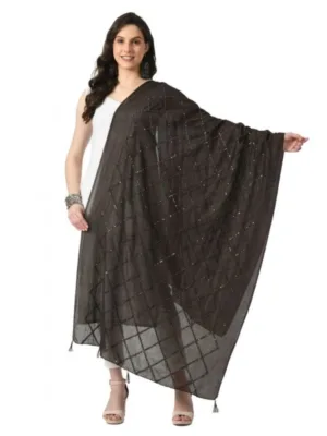 Generic Women's Chanderi Self Design Dupatta (Dark Browm, Length: Free Size)