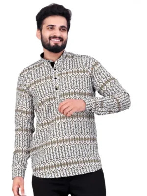 Generic Men's Cotton Blended Printed Full Sleeve Shortkurta (Multicolor)