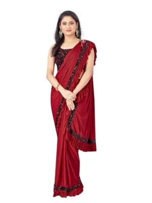 Generic Women's Lycra Solid Saree With Unstitched Blouse (Red, 5.5 Mtr)