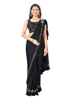Generic Women's Lycra Solid Saree With Unstitched Blouse (Black, 5.5 Mtr)