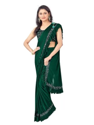 Generic Women's Lycra Solid Saree With Unstitched Blouse (Green, 5.5 Mtr)