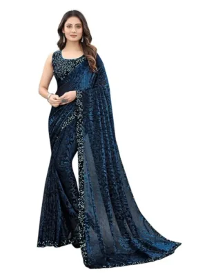 Generic Women's Lycra Floral Saree With Unstitched Blouse (Blue, 5.5 Mtr)