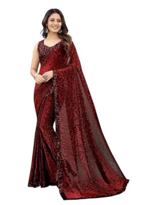 Generic Women's Lycra Floral Saree With Unstitched Blouse (Maroon, 5.5 Mtr)