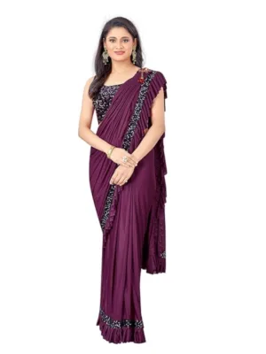 Generic Women's Lycra Solid Saree With Unstitched Blouse (Wine, 5.5 Mtr)