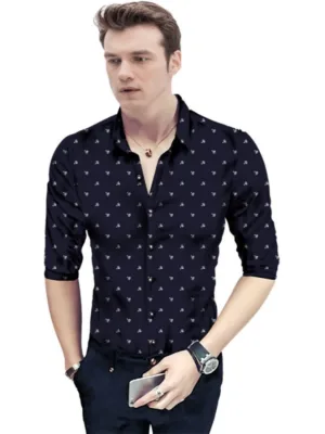 Generic Men's Casual Floral Printed Cotton Blend Unstitched Shirt Fabric 1.6 Mtrs (Dark Blue)