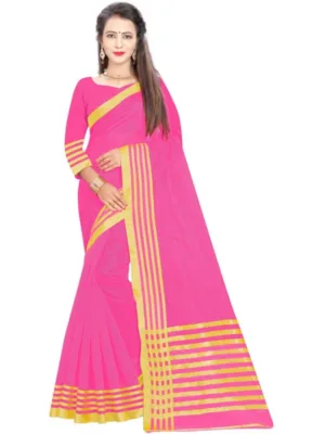 Generic Women's Jacquard Striped Saree With Unstitched Blouse 5.5Mtr (Pink)